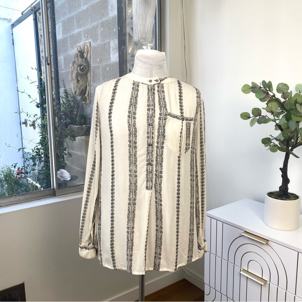 Free People IRR Boho Printed Button Blouse  Cream Black Rayon, XS